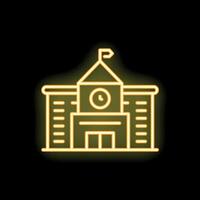 Neon yellow university or school building with clock tower glowing on black background vector