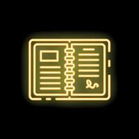 Neon yellow open notebook glowing on black background vector