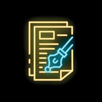Neon sign of nib pen writing on paper document vector