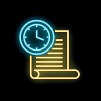 Neon icon of clock showing time limit for finishing important paperwork vector