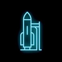 Blue neon sign of rocket prepared for launch from cosmodrome vector