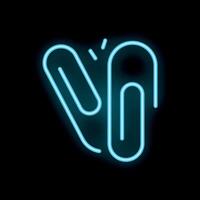 Blue neon sign showing two paperclips attached together on black background vector