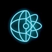 Blue neon atom sign representing global science and technology vector