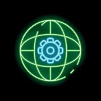 Neon green globe icon showing blue cogwheel representing global business vector