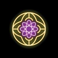 Neon sign representing global atomic energy with atom symbol inside earth globe vector