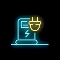 Neon icon of electric car charging station displaying battery status vector