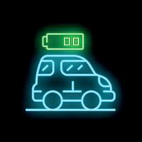Neon green electric car battery icon glowing on dark background vector