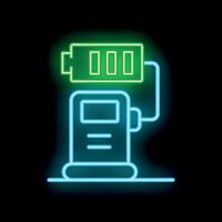 Neon icon of electric vehicle charging station with battery indicator showing full charge vector