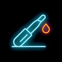 Neon sign of dropper pouring liquid creating drop on black background vector
