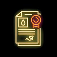 Neon icon of water certificate with drop and quality sign on black background vector
