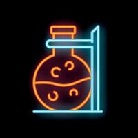 Neon icon of round bottom flask holding chemical liquid on stand vector