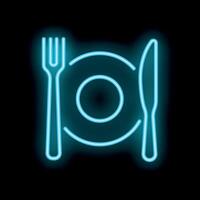 Glowing neon sign of restaurant cutlery with fork and knife beside empty plate on black background vector