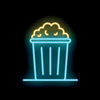illustration of a trash can with popcorn, glowing in neon light vector