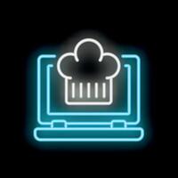 Neon icon of chef hat displayed on laptop screen representing online cooking class vector