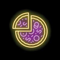 Bright neon sign showing a delicious pizza with a slice cut out vector