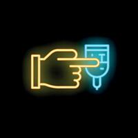 Neon icon of hand pointing at saline solution bag on black background vector