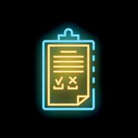 Neon icon of clipboard with checklist and checkmarks representing survey or exam vector