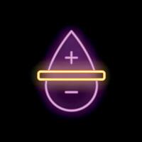 Neon icon of blood droplet with plus and minus symbols representing blood test analysis vector