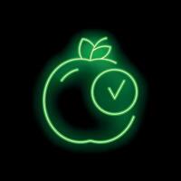 Glowing neon green apple with check mark symbol on black background vector