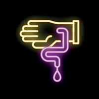 Neon style icon of hand holding a leaking pipe with water drop for plumbing services vector