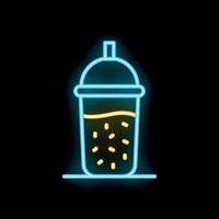 Neon icon of a plastic cup of tea with boba and a straw glowing on a black background vector