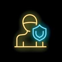 Neon icon of person being protected by a shield on black background vector