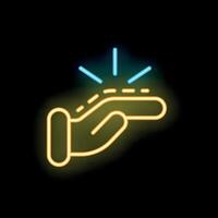 Neon style icon of hand touching light beam representing innovation vector