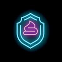 Neon shield protecting from poop icon on black background vector