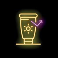Neon icon of sunscreen bottle with spf increasing arrow vector