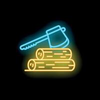 Neon icon of axe resting on firewood logs on black background vector
