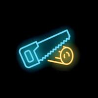 Glowing neon icon of hand saw cutting log on black background vector