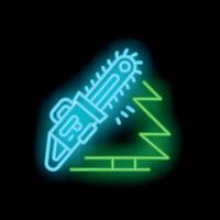 Neon chainsaw cutting tree trunk woodcutter symbol vector