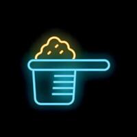 Glowing neon line measuring cup with sugar icon isolated on black background, concept of cooking and baking, dessert recipe vector