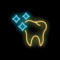 Neon icon of tooth cleaning sparkling with stars on black background vector