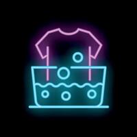 Neon icon of t shirt soaking in basin with water and soap bubbles vector
