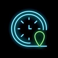 Neon sign showing clock and location pin on black background vector