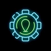 Neon style icon location pin inside gear configuration setting symbol on black background vector