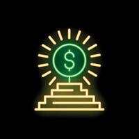 Neon sign representing dollar sign growing on top of increasing steps on black background vector