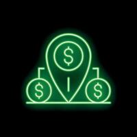 Neon green money location pin icon showing three dollar symbols on black background vector