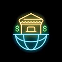 Neon sign representing global marketplace with shop and dollar symbols vector