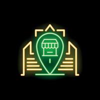 Glowing green map pointer showing a store location over buildings vector