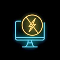Neon sign showing computer displaying no electricity symbol on black background vector