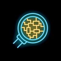 Neon magnifying glass exploring blockchain technology concept icon vector