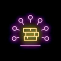 Neon icon of database being accessed from multiple points vector