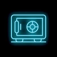 Neon safe icon glowing on dark background representing security and protection vector