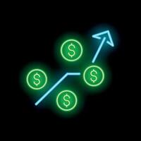 Neon sign representing increasing dollar currency value with upward arrow vector