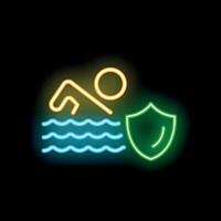 Neon icon of swimmer and shield representing swimming pool safety vector