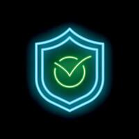 Neon cyber security shield with checkmark symbolising safety vector