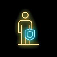 Neon icon of person standing with shield protecting from danger vector