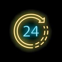Neon sign showing number twenty four surrounded by circular arrow on black background vector